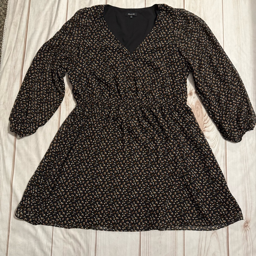 Madewell (Re)sourced Georgette Button-Front Mini Dress Adorable Ditsy Black XL